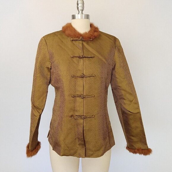 Vintage Asian Bronze Jacket Size S M Art To Wear Frog Clasp Fur Collar Kenki - Picture 2 of 10